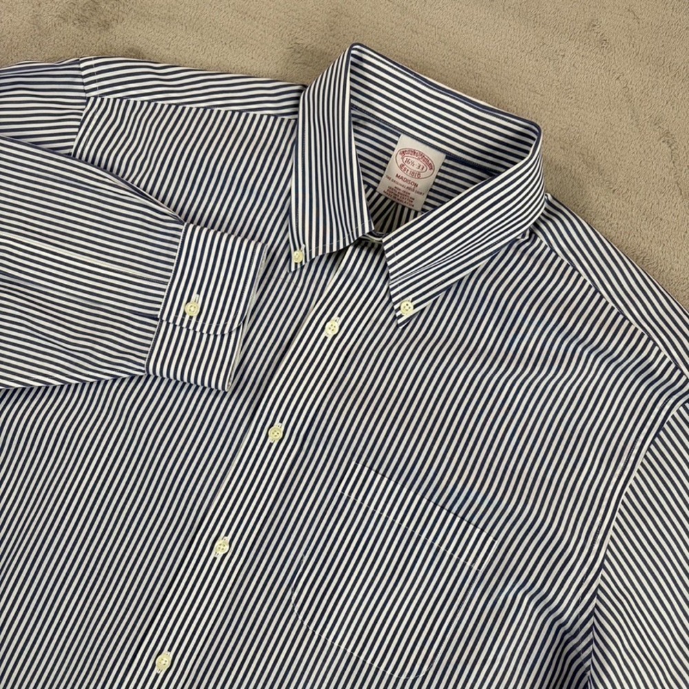Brooks Brothers Madison Shirt Men 16.5 33 Blue Striped Button Up Casual Office